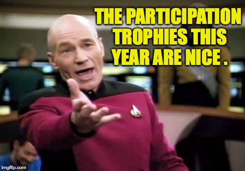 Picard Wtf Meme | THE PARTICIPATION TROPHIES THIS YEAR ARE NICE . | image tagged in memes,picard wtf | made w/ Imgflip meme maker