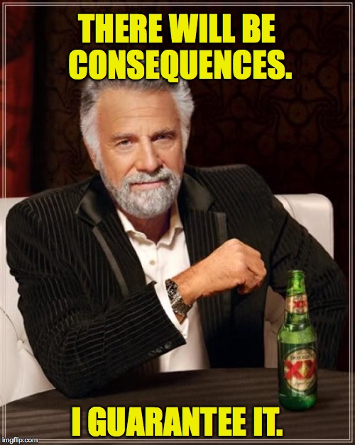 The Most Interesting Man In The World Meme | THERE WILL BE CONSEQUENCES. I GUARANTEE IT. | image tagged in memes,the most interesting man in the world | made w/ Imgflip meme maker