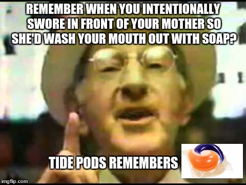 peppridge farms man | REMEMBER WHEN YOU INTENTIONALLY SWORE IN FRONT OF YOUR MOTHER SO SHE'D WASH YOUR MOUTH OUT WITH SOAP? TIDE PODS REMEMBERS | image tagged in humor,memes,funny | made w/ Imgflip meme maker