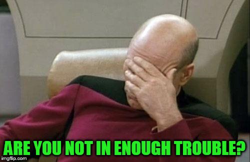 Captain Picard Facepalm Meme | ARE YOU NOT IN ENOUGH TROUBLE? | image tagged in memes,captain picard facepalm | made w/ Imgflip meme maker