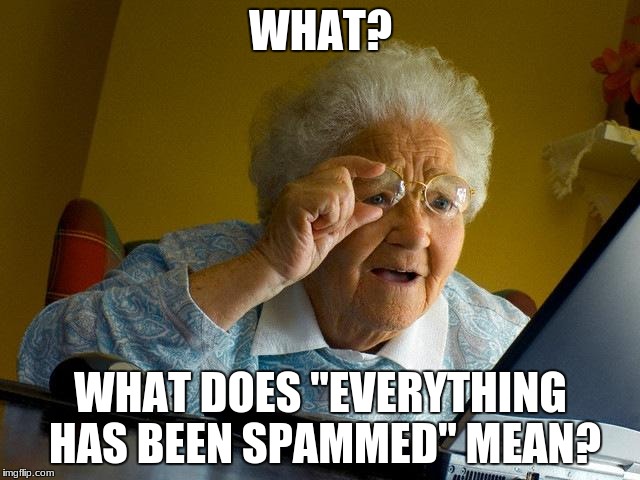 Grandma Finds The Internet Meme | WHAT? WHAT DOES "EVERYTHING HAS BEEN SPAMMED" MEAN? | image tagged in memes,grandma finds the internet | made w/ Imgflip meme maker