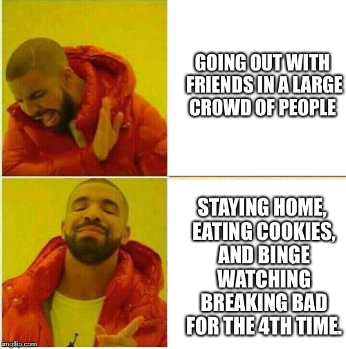 Saturday night  | GOING OUT WITH FRIENDS IN A LARGE CROWD OF PEOPLE; STAYING HOME, EATING COOKIES, AND BINGE WATCHING BREAKING BAD FOR THE 4TH TIME. | image tagged in drake hotline approves,crowd,people,home,cookies,binge watching | made w/ Imgflip meme maker