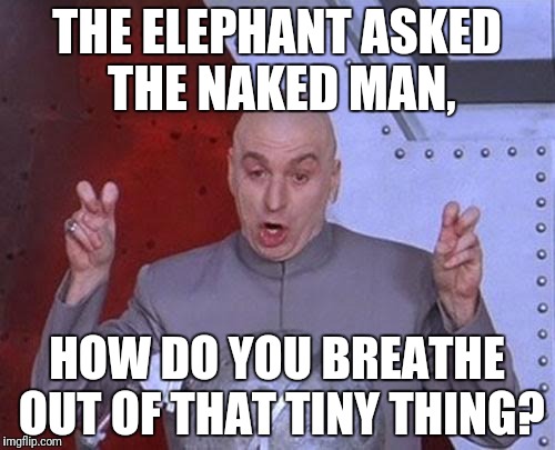 Dr Evil Laser Meme | THE ELEPHANT ASKED THE NAKED MAN, HOW DO YOU BREATHE OUT OF THAT TINY THING? | image tagged in memes,dr evil laser | made w/ Imgflip meme maker