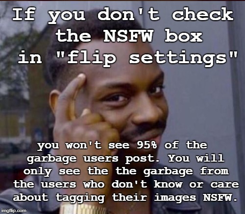I'm not saying, "you won't see 95% of the content," because 95% of the content is not GARBAGE.  | If you don't check the NSFW box in "flip settings"; you won't see 95% of the garbage users post. You will only see the the garbage from the users who don't know or care about tagging their images NSFW. | image tagged in roll safe,just think about it,flip settings,garbage,filth,memes | made w/ Imgflip meme maker