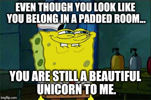Don't You Squidward Meme | EVEN THOUGH YOU LOOK LIKE YOU BELONG IN A PADDED ROOM... YOU ARE STILL A BEAUTIFUL UNICORN TO ME. | image tagged in memes,dont you squidward | made w/ Imgflip meme maker