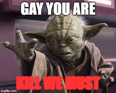 yoda | GAY YOU ARE; KILL WE MUST | image tagged in yoda | made w/ Imgflip meme maker