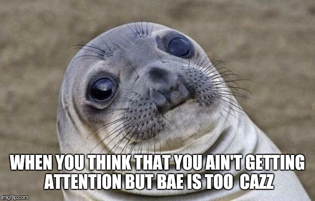 Awkward Moment Sealion Meme | WHEN YOU THINK THAT YOU AIN'T GETTING ATTENTION BUT BAE IS TOO  CAZZ | image tagged in memes,awkward moment sealion | made w/ Imgflip meme maker