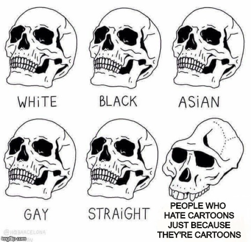 retarded caveman skulls | PEOPLE WHO HATE CARTOONS JUST BECAUSE THEY'RE CARTOONS | image tagged in retarded caveman skulls | made w/ Imgflip meme maker