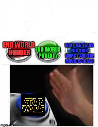 Triggered comments commence. Geek Week, Jan 7-13, a JBmemegeek and KenJ event. | WAIT TEN YEARS FOR STAR WARS 7 AND THE MOVIE IS TRASH; END WORLD HUNGER; END WORLD POVERTY | image tagged in memes,red green blue buttons,star wars,geek week,jbmemegeek,kenj | made w/ Imgflip meme maker