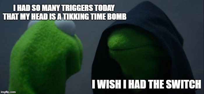 Evil Kermit Meme | I HAD SO MANY TRIGGERS TODAY THAT MY HEAD IS A TIKKING TIME BOMB; I WISH I HAD THE SWITCH | image tagged in memes,evil kermit | made w/ Imgflip meme maker
