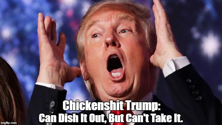 "Chickenshit Trump: Can Dish It Out, But Can't Take It" | Chickenshit Trump:; Can Dish It Out, But Can't Take It. | image tagged in deplorable donald,despicable donald,devious donald,dishonorable donald,deceitful donald,dishonest donald | made w/ Imgflip meme maker