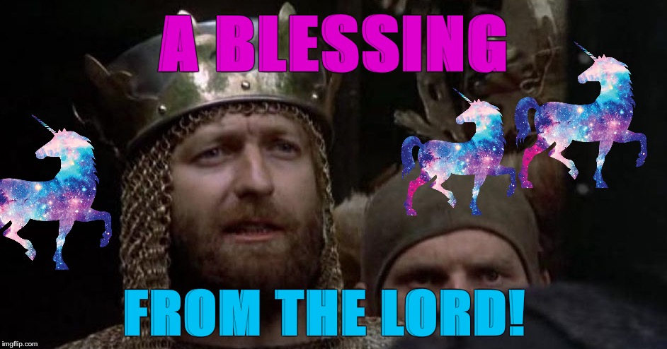 A Group of Unicorns is called a Blessing | A BLESSING; FROM THE LORD! | image tagged in blessing of unicorns,monty python and the holy grail,king arthur,merlin | made w/ Imgflip meme maker