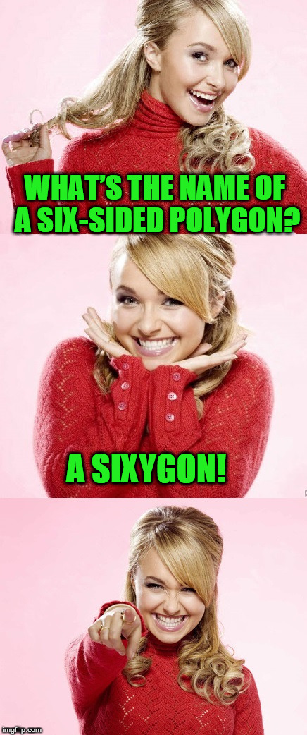 Hayden Red Pun | WHAT’S THE NAME OF A  SIX-SIDED POLYGON? A SIXYGON! | image tagged in hayden red pun | made w/ Imgflip meme maker