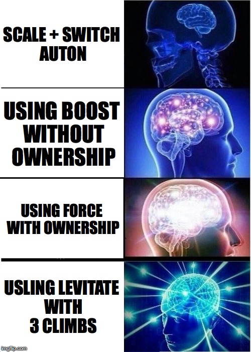 Expanding Brain Meme | SCALE + SWITCH AUTON; USING BOOST WITHOUT OWNERSHIP; USING FORCE WITH OWNERSHIP; USLING LEVITATE WITH 3 CLIMBS | image tagged in memes,expanding brain | made w/ Imgflip meme maker