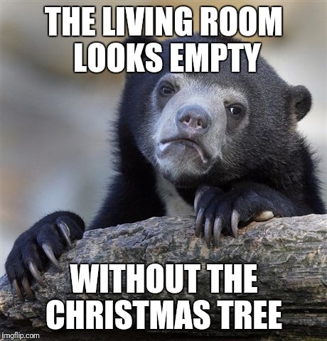Wah | THE LIVING ROOM LOOKS EMPTY; WITHOUT THE CHRISTMAS TREE | image tagged in memes,confession bear,christmas,christmas tree | made w/ Imgflip meme maker