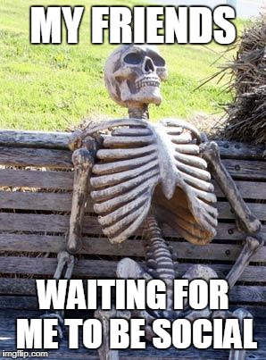 Social butterflies? Ain't nobody got time fo' dat! | MY FRIENDS; WAITING FOR ME TO BE SOCIAL | image tagged in memes,waiting skeleton,socially awkward,introvert | made w/ Imgflip meme maker