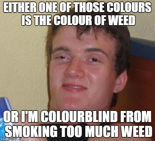 10 Guy Meme | EITHER ONE OF THOSE COLOURS IS THE COLOUR OF WEED OR I'M COLOURBLIND FROM SMOKING TOO MUCH WEED | image tagged in memes,10 guy | made w/ Imgflip meme maker