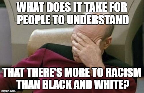 Captain Picard Facepalm Meme | WHAT DOES IT TAKE FOR PEOPLE TO UNDERSTAND THAT THERE'S MORE TO RACISM THAN BLACK AND WHITE? | image tagged in memes,captain picard facepalm | made w/ Imgflip meme maker