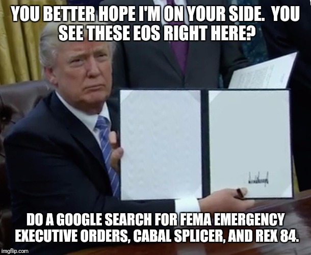 Trump Bill Signing | YOU BETTER HOPE I'M ON YOUR SIDE.

YOU SEE THESE EOS RIGHT HERE? DO A GOOGLE SEARCH FOR FEMA EMERGENCY EXECUTIVE ORDERS, CABAL SPLICER, AND REX 84. | image tagged in trump bill signing | made w/ Imgflip meme maker