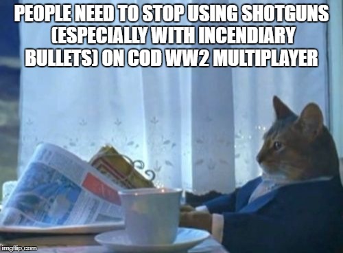 I Should Buy A Boat Cat | PEOPLE NEED TO STOP USING SHOTGUNS (ESPECIALLY WITH INCENDIARY BULLETS) ON COD WW2 MULTIPLAYER | image tagged in memes,i should buy a boat cat,call of duty,ww2,shotgun,fire | made w/ Imgflip meme maker