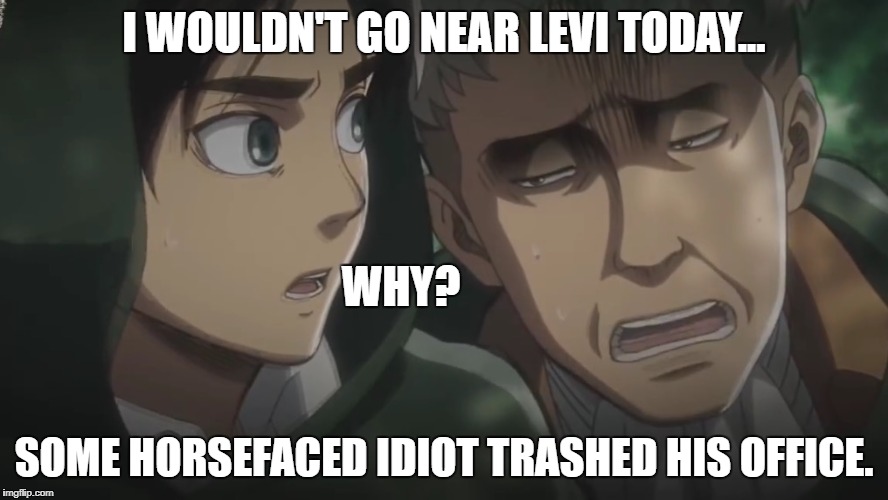 Attack on Titan memes | I WOULDN'T GO NEAR LEVI TODAY... WHY? SOME HORSEFACED IDIOT TRASHED HIS OFFICE. | image tagged in attack on titan memes | made w/ Imgflip meme maker
