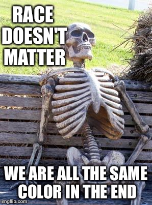 Waiting Skeleton | RACE DOESN'T MATTER; WE ARE ALL THE SAME COLOR IN THE END | image tagged in memes,waiting skeleton | made w/ Imgflip meme maker