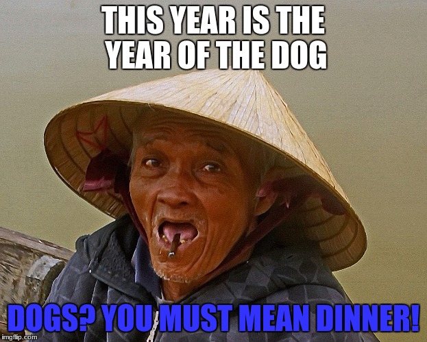 no title | THIS YEAR IS THE YEAR OF THE DOG; DOGS? YOU MUST MEAN DINNER! | image tagged in racist,chinese,funny asian face | made w/ Imgflip meme maker