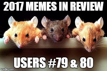 Dec.31 to Feb.1 - 2017 Memes in Review. My favorite 2017 memes from the users on the Top 100 leaderboard. | 2017 MEMES IN REVIEW; USERS #79 & 80 | image tagged in 3 mice,memes,favorites,regularfeller,toejoe,2017 memes in review | made w/ Imgflip meme maker