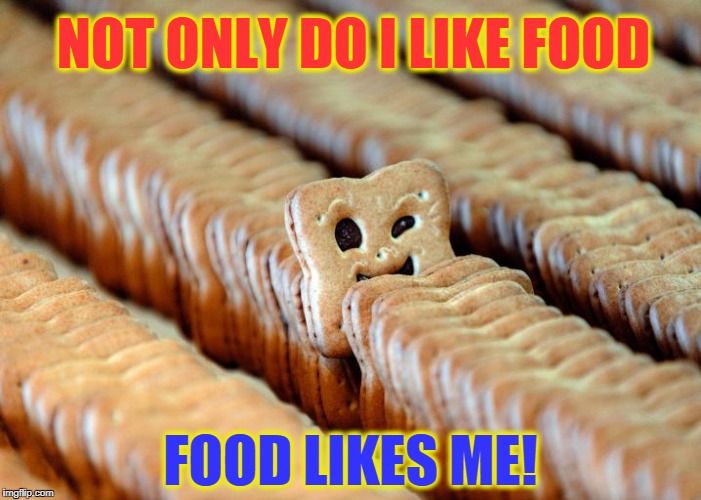 Why I am Fat | NOT ONLY DO I LIKE FOOD; FOOD LIKES ME! | image tagged in winking cookie,vince vance,i hunger,fatness,dieting,i can not resist cookies | made w/ Imgflip meme maker