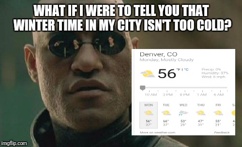 Matrix Morpheus Meme | WHAT IF I WERE TO TELL YOU THAT WINTER TIME IN MY CITY ISN'T TOO COLD? | image tagged in memes,matrix morpheus | made w/ Imgflip meme maker