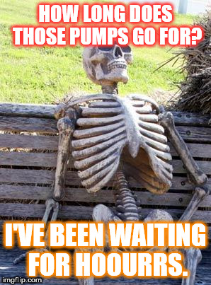 HOW LONG DOES THOSE PUMPS GO FOR? I'VE BEEN WAITING FOR HOOURRS. | image tagged in memes,waiting skeleton | made w/ Imgflip meme maker
