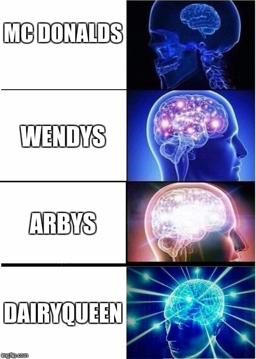 where to go when you want chicken | MC DONALDS; WENDYS; ARBYS; DAIRYQUEEN | image tagged in memes,expanding brain | made w/ Imgflip meme maker