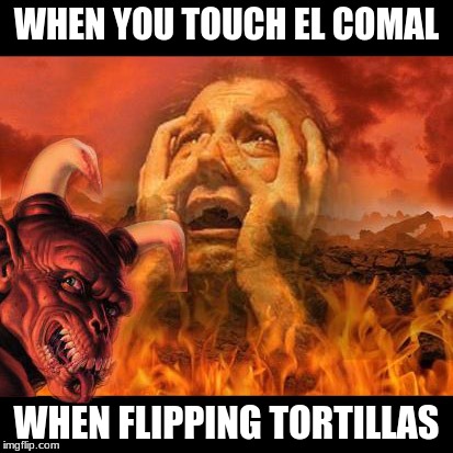 hell template and a big demon photobombs | WHEN YOU TOUCH EL COMAL; WHEN FLIPPING TORTILLAS | image tagged in hell template and a big demon photobombs | made w/ Imgflip meme maker