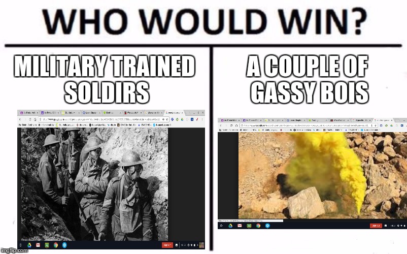 gas of mustard | MILITARY TRAINED SOLDIRS; A COUPLE OF GASSY BOIS | image tagged in memes,who would win | made w/ Imgflip meme maker
