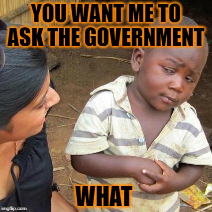Third World Skeptical Kid Meme | YOU WANT ME TO ASK THE GOVERNMENT; WHAT | image tagged in memes,third world skeptical kid | made w/ Imgflip meme maker