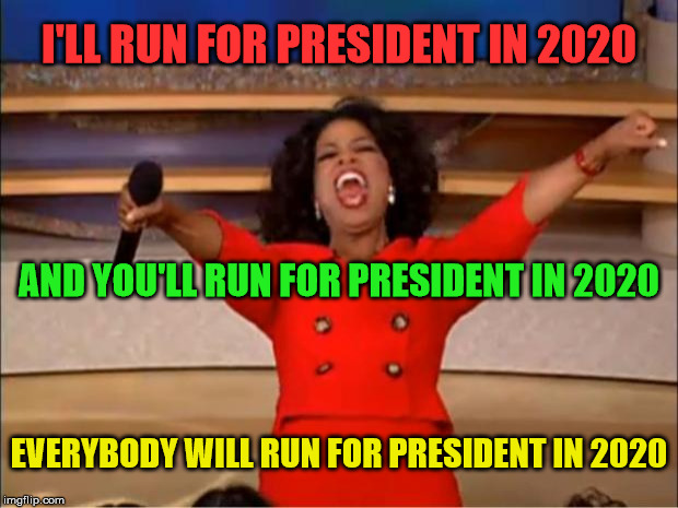 2020 Presidential Run | I'LL RUN FOR PRESIDENT IN 2020; AND YOU'LL RUN FOR PRESIDENT IN 2020; EVERYBODY WILL RUN FOR PRESIDENT IN 2020 | image tagged in memes,oprah you get a,presidential race,insanity | made w/ Imgflip meme maker