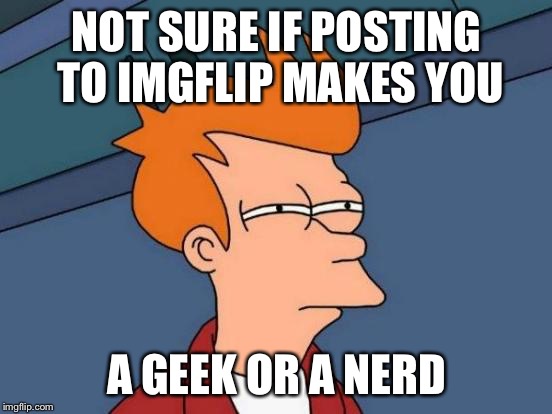 Geek Week, Jan 7-13, a JBmemegeek & KenJ event! Submit anything and everything geek! | NOT SURE IF POSTING TO IMGFLIP MAKES YOU; A GEEK OR A NERD | image tagged in memes,futurama fry,geek week | made w/ Imgflip meme maker
