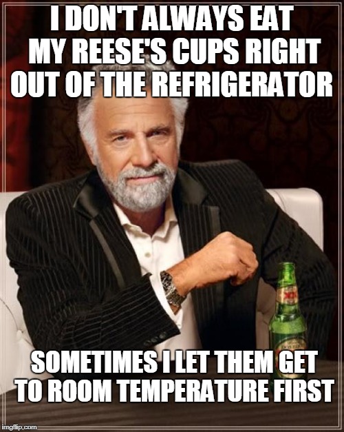 The Most Interesting Man In The World Meme | I DON'T ALWAYS EAT MY REESE'S CUPS RIGHT OUT OF THE REFRIGERATOR SOMETIMES I LET THEM GET TO ROOM TEMPERATURE FIRST | image tagged in memes,the most interesting man in the world | made w/ Imgflip meme maker