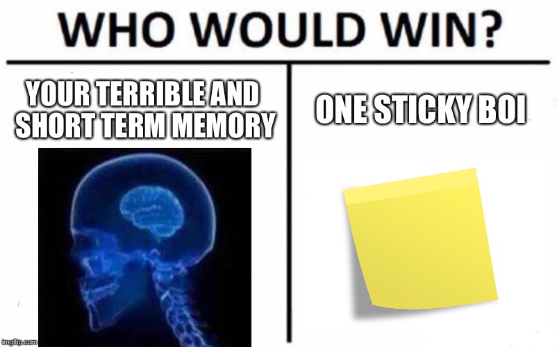 Meme within a meme | YOUR TERRIBLE AND SHORT TERM MEMORY; ONE STICKY BOI | image tagged in memes,who would win,expanding brain | made w/ Imgflip meme maker