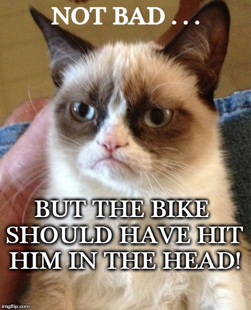 Grumpy Cat Meme | NOT BAD . . . BUT THE BIKE SHOULD HAVE HIT HIM IN THE HEAD! | image tagged in memes,grumpy cat | made w/ Imgflip meme maker