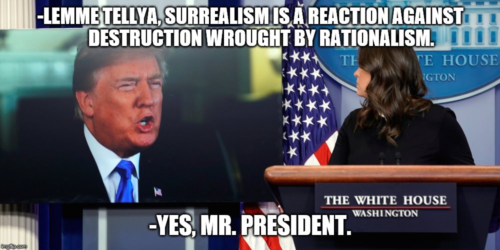 -LEMME TELLYA, SURREALISM IS A REACTION AGAINST      DESTRUCTION WROUGHT BY RATIONALISM. -YES, MR. PRESIDENT. | image tagged in trump_surreal_press_briefing | made w/ Imgflip meme maker