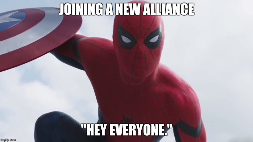 MCOC: Joining a new alliance | JOINING A NEW ALLIANCE; "HEY EVERYONE." | image tagged in mcoc,alliance,marvel contest of champions | made w/ Imgflip meme maker
