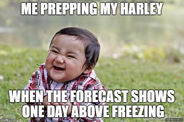 Winter riding | ME PREPPING MY HARLEY; WHEN THE FORECAST SHOWS ONE DAY ABOVE FREEZING | image tagged in happy asian kid,harley,motorcycle,winter,weather,motorcycle weather | made w/ Imgflip meme maker