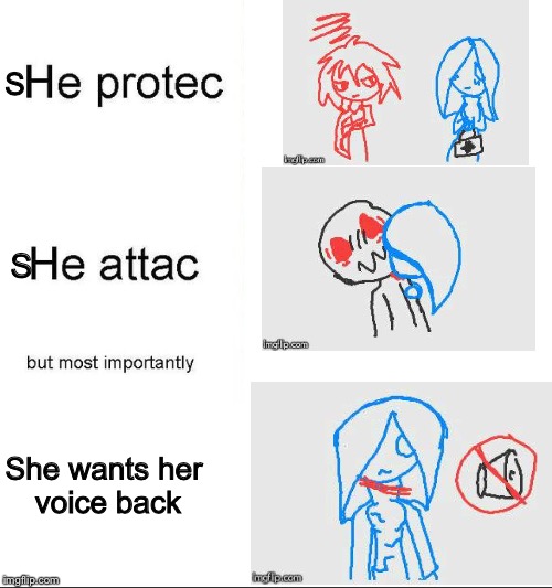 I bet y’all wouldn’t know her (or anyone else shown) since she’s an OC of mine but here you go anyway. | S; S; She wants her voice back | image tagged in he protecc,memes,ocs | made w/ Imgflip meme maker