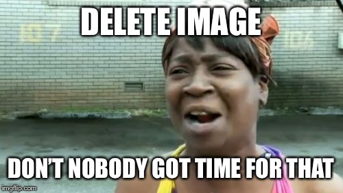Ain't Nobody Got Time For That | DELETE IMAGE; DON’T NOBODY GOT TIME FOR THAT | image tagged in memes,aint nobody got time for that | made w/ Imgflip meme maker