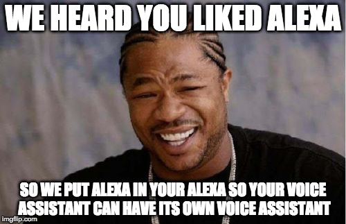 Yo Dawg Heard You Meme | WE HEARD YOU LIKED ALEXA; SO WE PUT ALEXA IN YOUR ALEXA SO YOUR VOICE ASSISTANT CAN HAVE ITS OWN VOICE ASSISTANT | image tagged in memes,yo dawg heard you | made w/ Imgflip meme maker