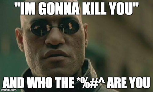 Matrix Morpheus Meme | "IM GONNA KILL YOU"; AND WHO THE *%#^ ARE YOU | image tagged in memes,matrix morpheus | made w/ Imgflip meme maker