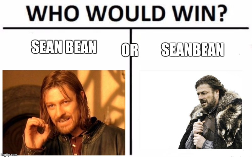 definitley sean bean | SEAN BEAN; SEANBEAN; OR | image tagged in memes,who would win,funny,sean bean,game of thrones,lord of the rings | made w/ Imgflip meme maker