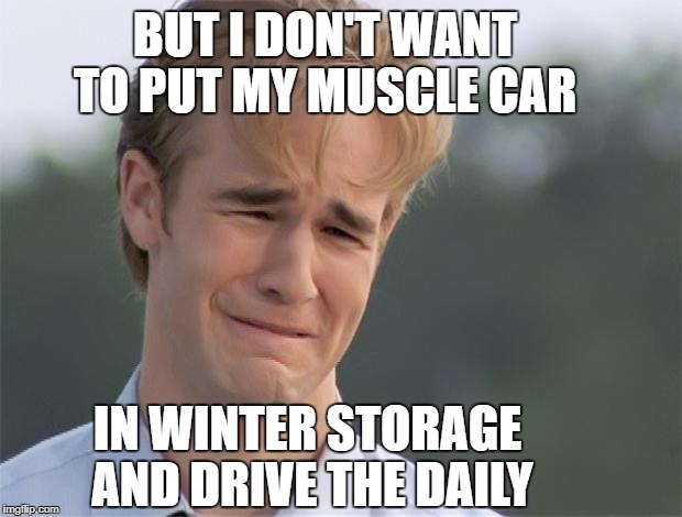James Van Der Beeks Crying | BUT I DON'T WANT TO PUT MY MUSCLE CAR; IN WINTER STORAGE AND DRIVE THE DAILY | image tagged in james van der beeks crying | made w/ Imgflip meme maker