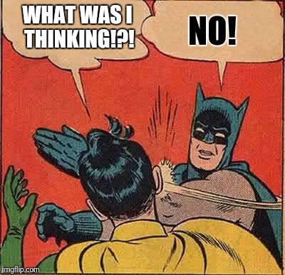 Batman Slapping Robin Meme | NO! WHAT WAS I THINKING!?! | image tagged in memes,batman slapping robin | made w/ Imgflip meme maker